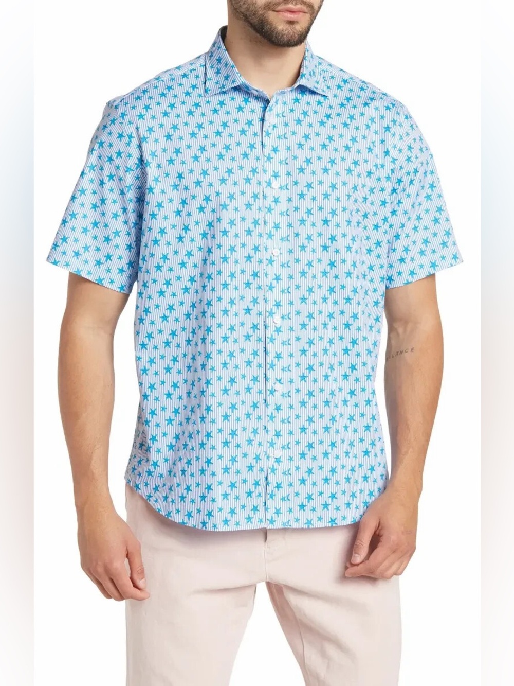 NWT Thomas Dean Short Sleeve Blue Starfish Print Striped Cotton Shirt